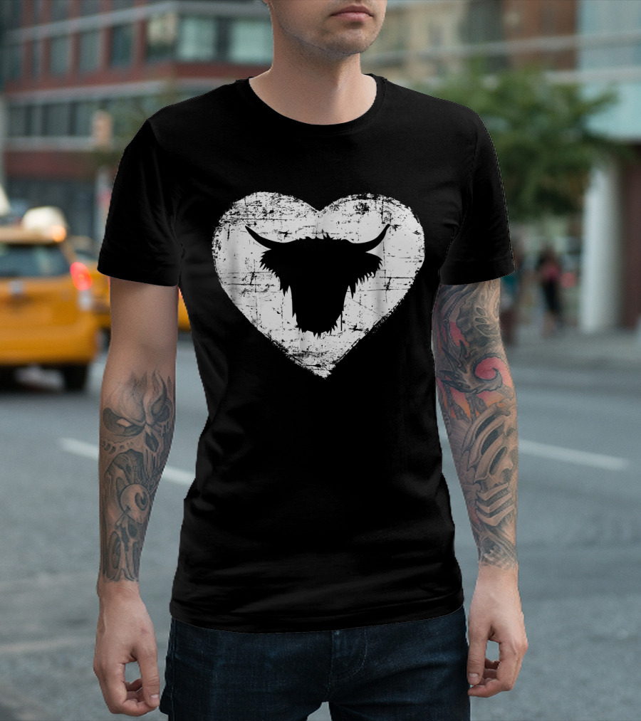Shaggy Highland Cow Silhouette In Grunge Heart Motif T-Shirt