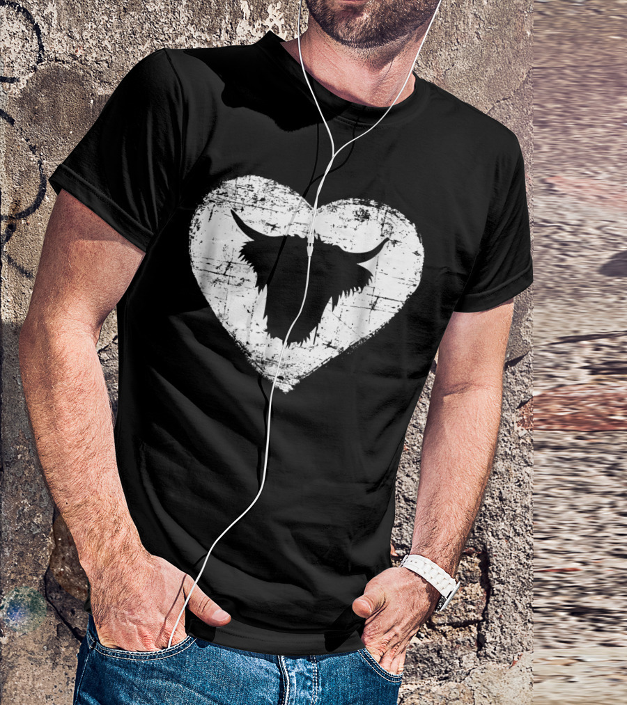 Shaggy Highland Cow Silhouette In Grunge Heart Motif T-Shirt