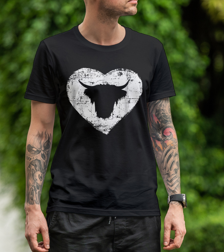 Shaggy Highland Cow Silhouette In Grunge Heart Motif T-Shirt