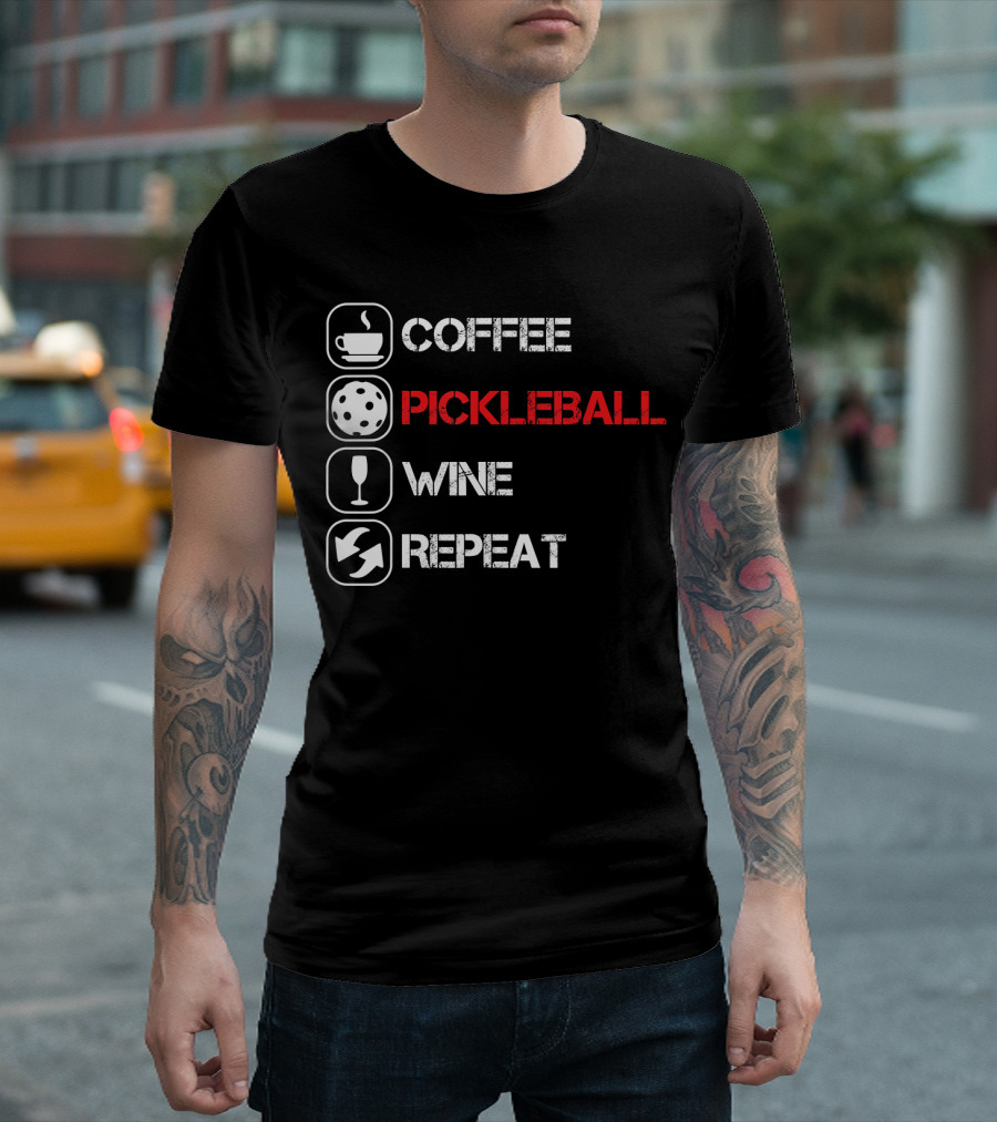 Coffee Pickleball Wine Repeat Distressed Text Icons T-Shirt