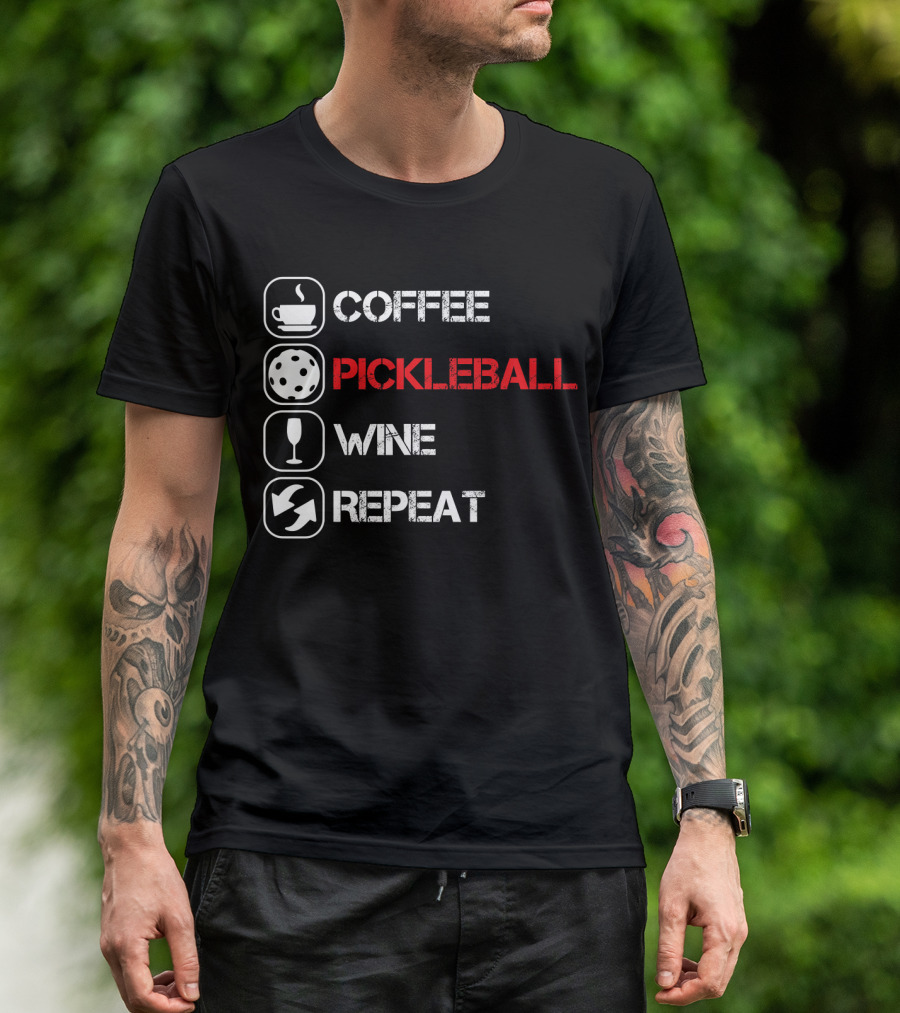 Coffee Pickleball Wine Repeat Distressed Text Icons T-Shirt