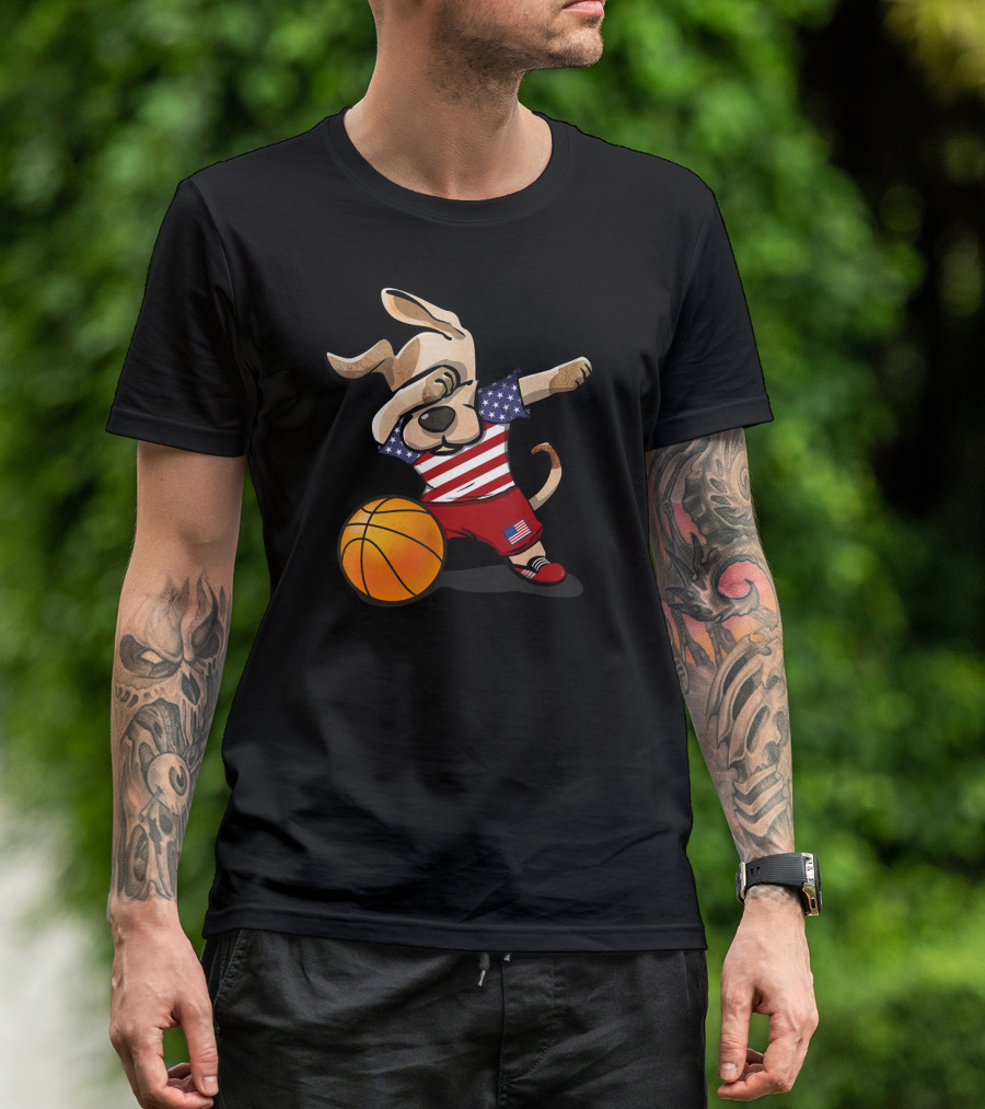 Dog Dabbing American Flag Basketball USA Sports T-Shirt