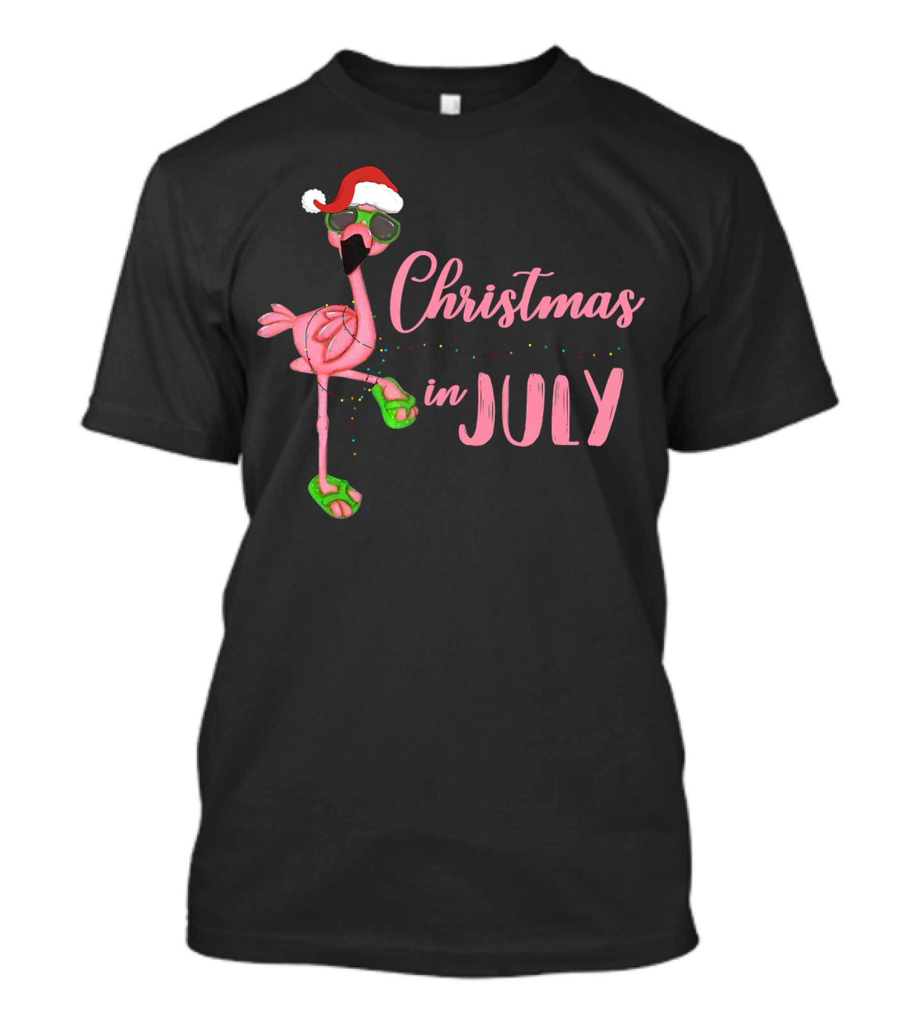 Christmas In July Flamingo Santa Hat Christmas Lights T-Shirt
