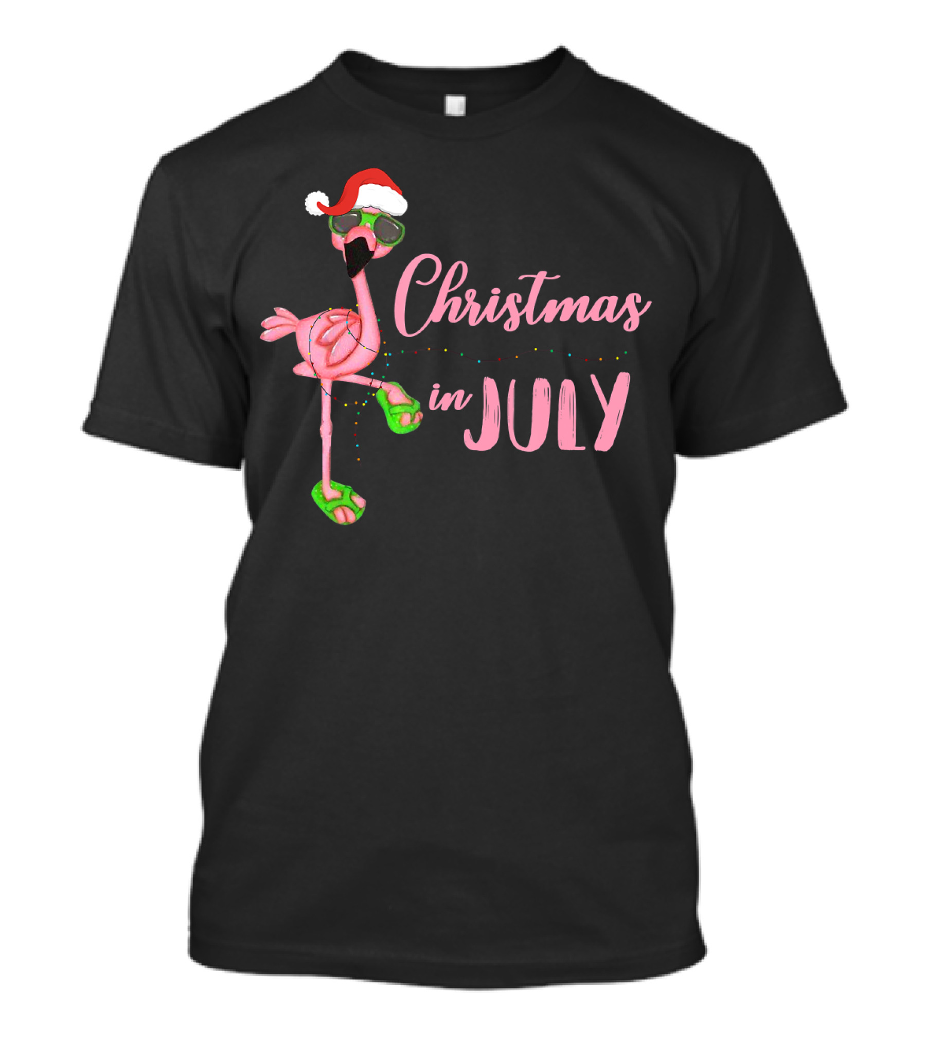 Flamingo With Santa Hat And Christmas Lights Celebrating Christmas In July T-Shirt