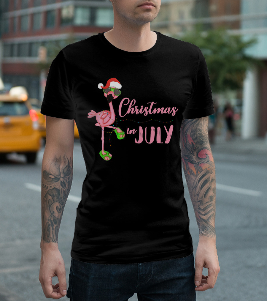 Flamingo With Santa Hat And Christmas Lights Celebrating Christmas In July T-Shirt