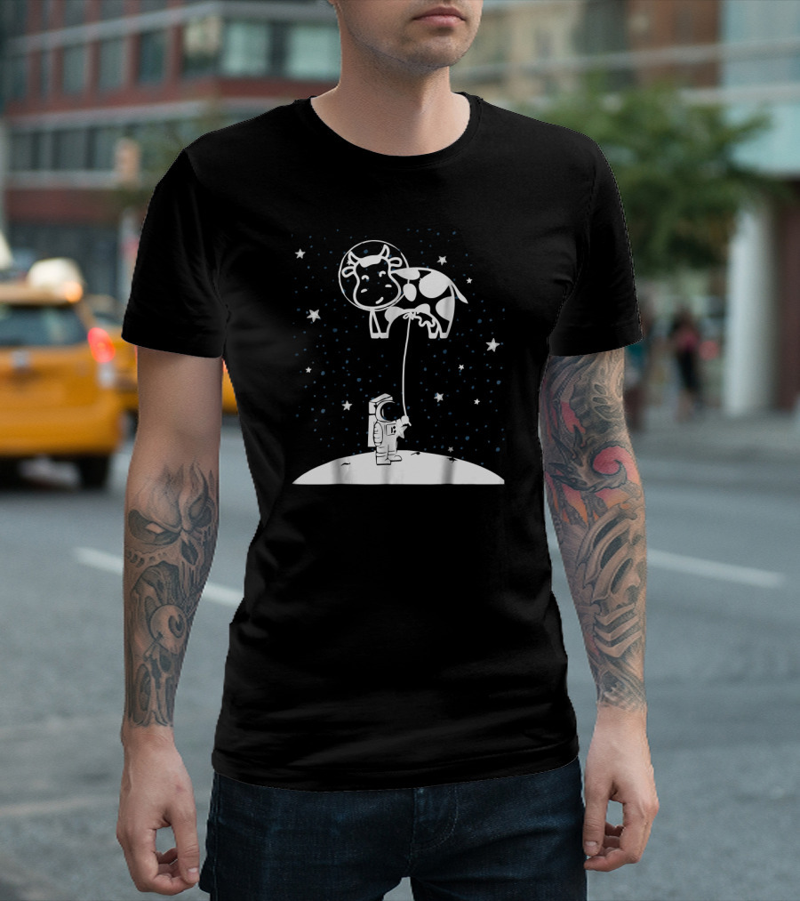 Cow Astronaut Floating in Space with Stars and Fun Astronaut T-Shirt