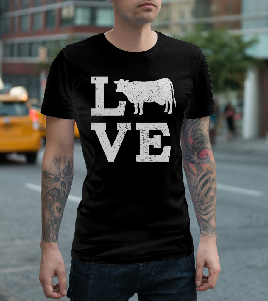 I Love Cow Typography Design with Distressed Look T-Shirt