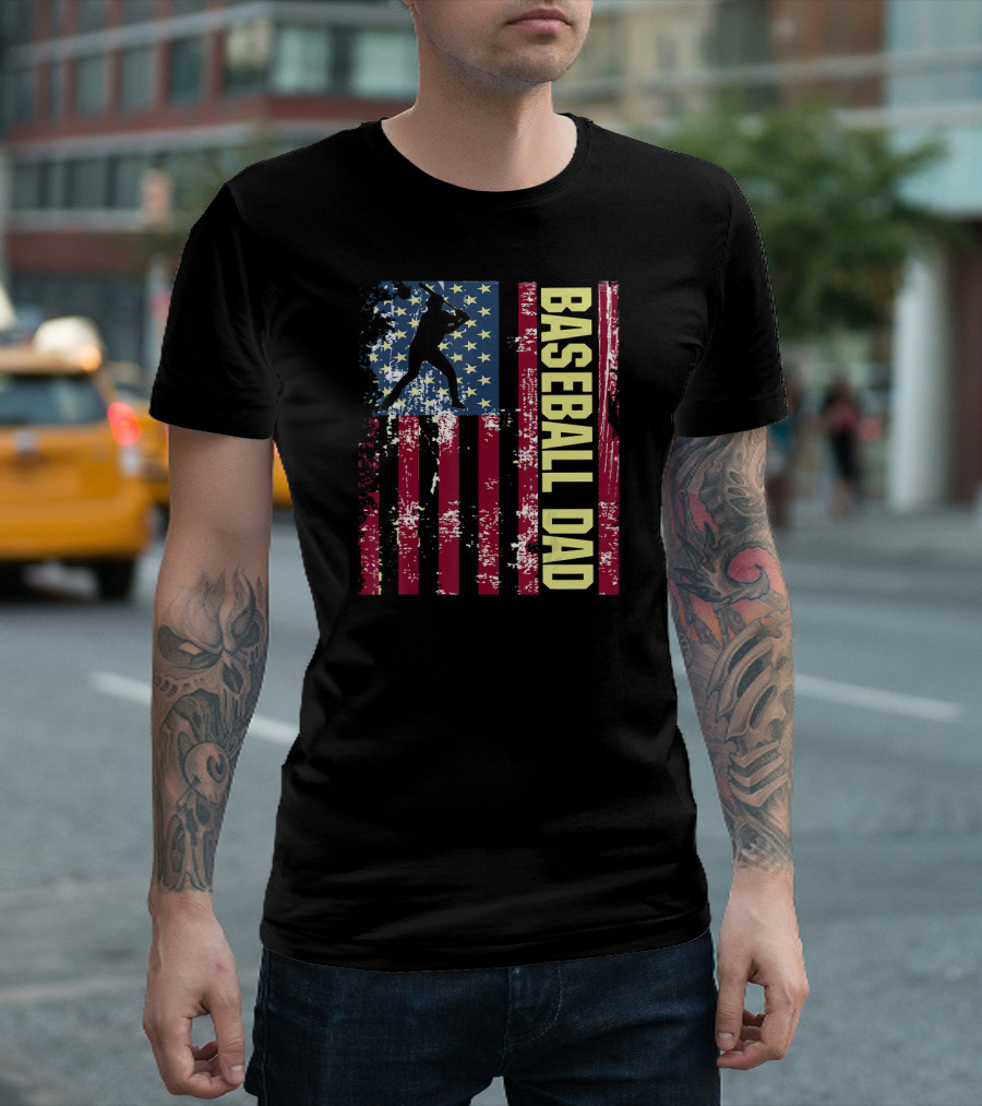 Mens American Flag Vintage Baseball Dad T-Shirt