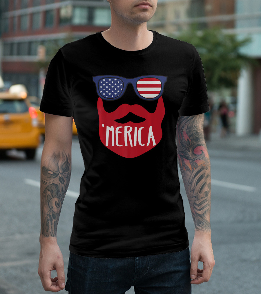 'Merica USA Flag Sunglasses Beard Patriotic Humor T-Shirt