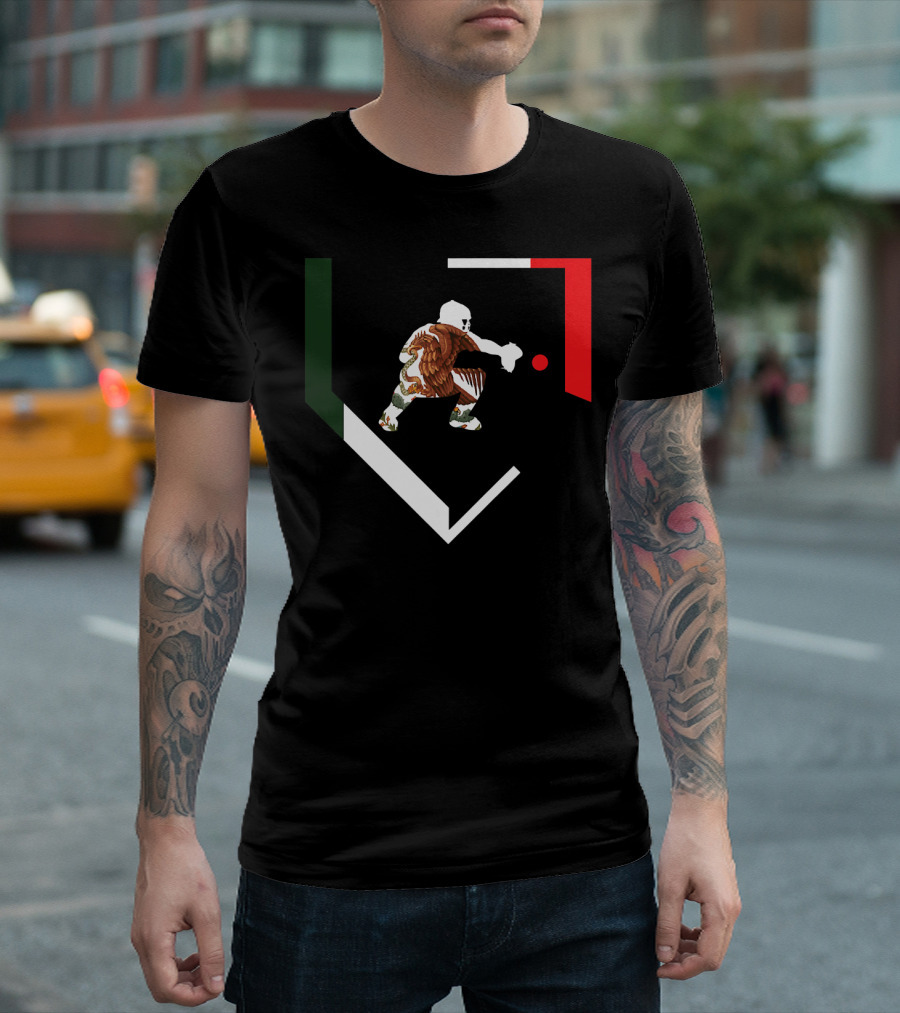 Mexico Baseball Catcher with Mexican Flag Colors Eagle Crest T-Shirt