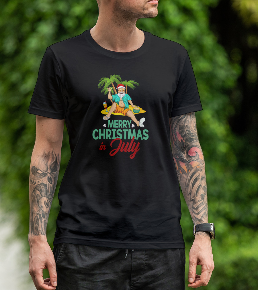 Merry Christmas In July Santa Claus Beach Coconut Hawaiian T-Shirt