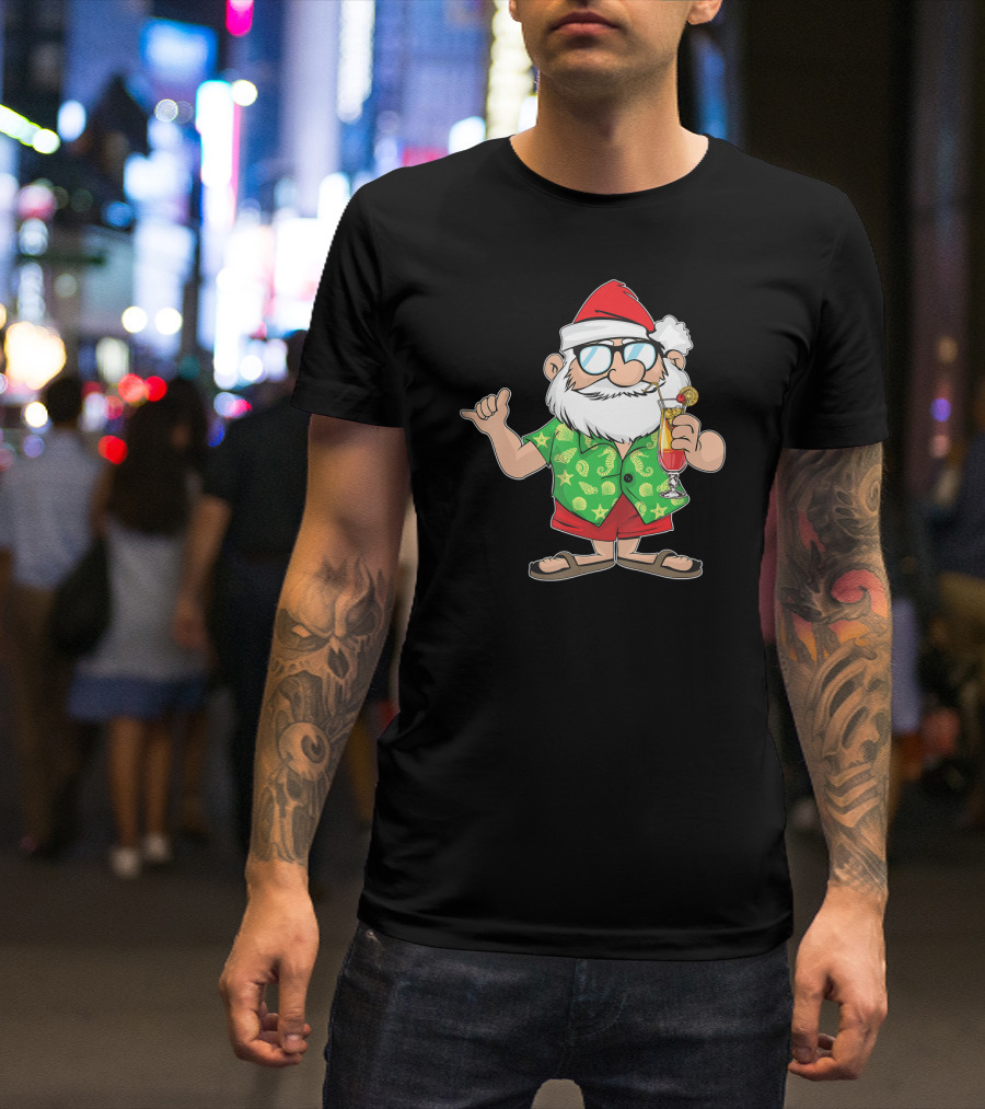 Santa In Hawaiian Shirt With Drink Christmas In July T-Shirt