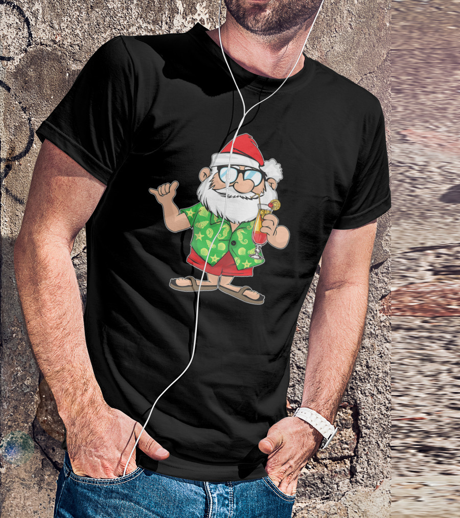 Santa In Hawaiian Shirt With Drink Christmas In July T-Shirt