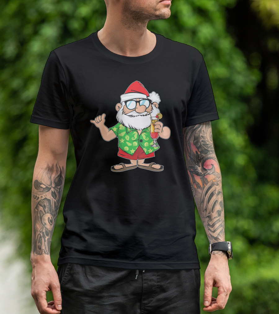 Santa In Hawaiian Shirt With Drink Christmas In July T-Shirt