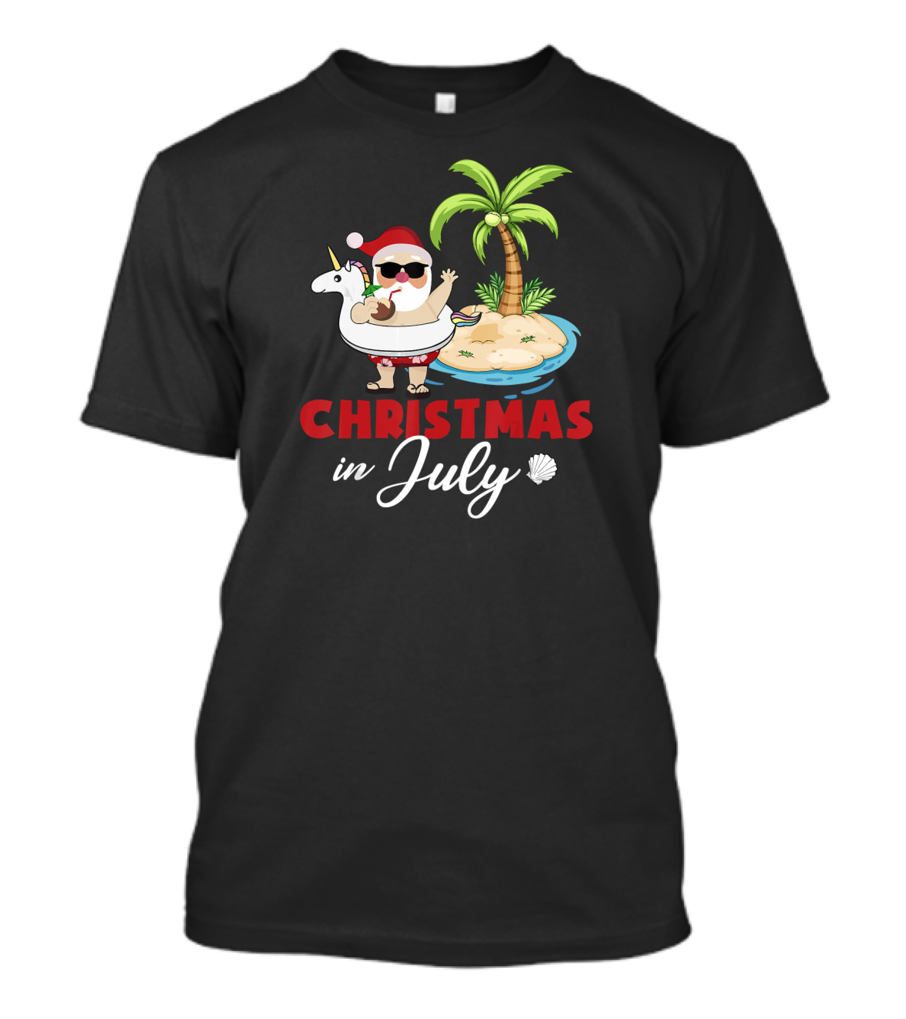 Christmas In July Santa With Unicorn Float Island Scene T-Shirt