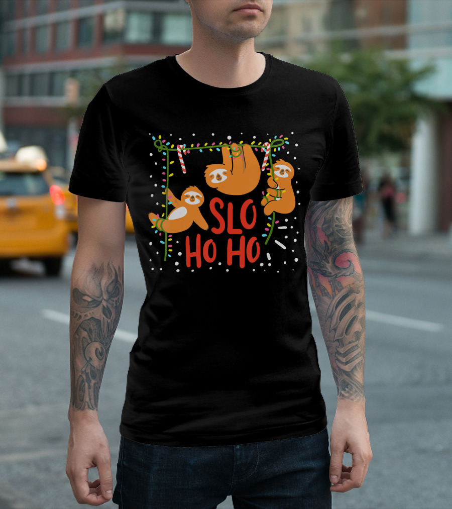 Slo Ho Ho Sloth Christmas Present Candy Cane Lights T-Shirt
