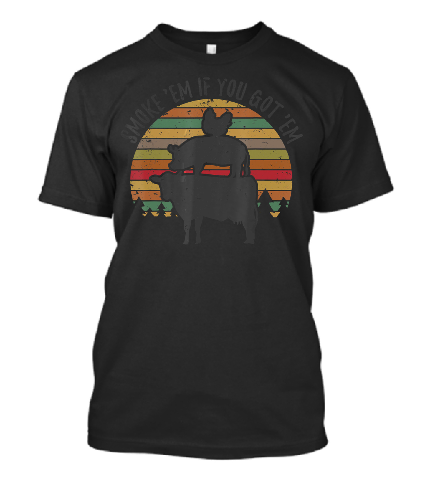 Smoke 'Em If You Got 'Em Funny Smok Cow Pig Chicken Retro Sunset T-Shirt