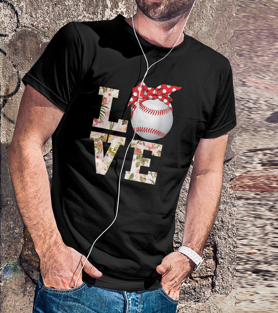 LOVE Summer Baseball Florals With Polka Dot Bow T-Shirt