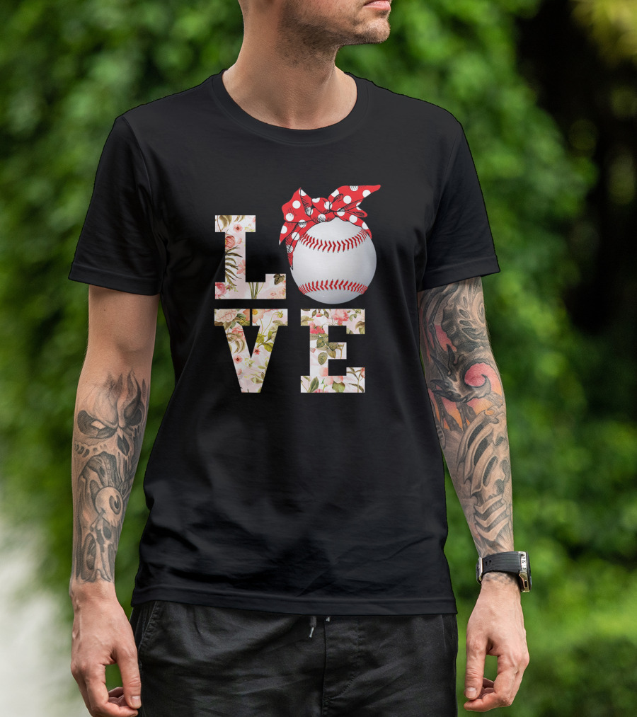 LOVE Summer Baseball Florals With Polka Dot Bow T-Shirt