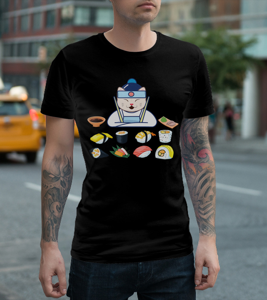 Sushi Cat Chef With Japanese Cuisine Selection T-Shirt