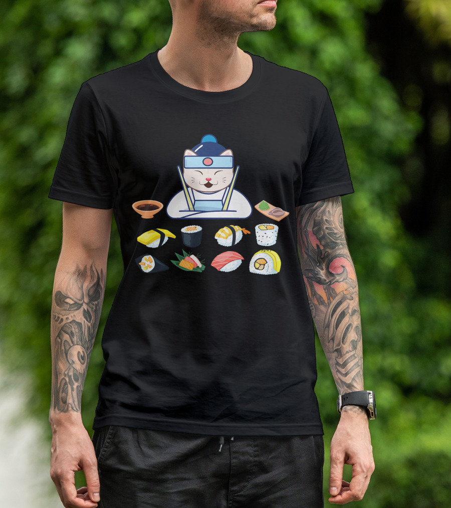 Sushi Cat Chef With Japanese Cuisine Selection T-Shirt