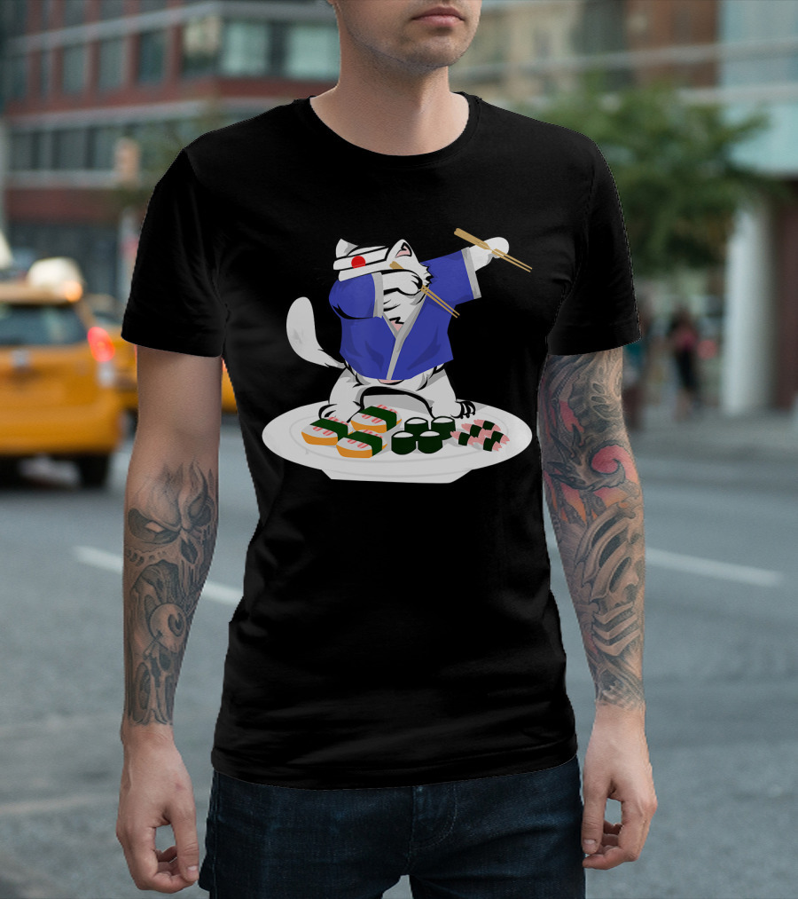 Sushi Chef Dabbing White Cat Chopsticks Plate Nigiri Makimono T-Shirt