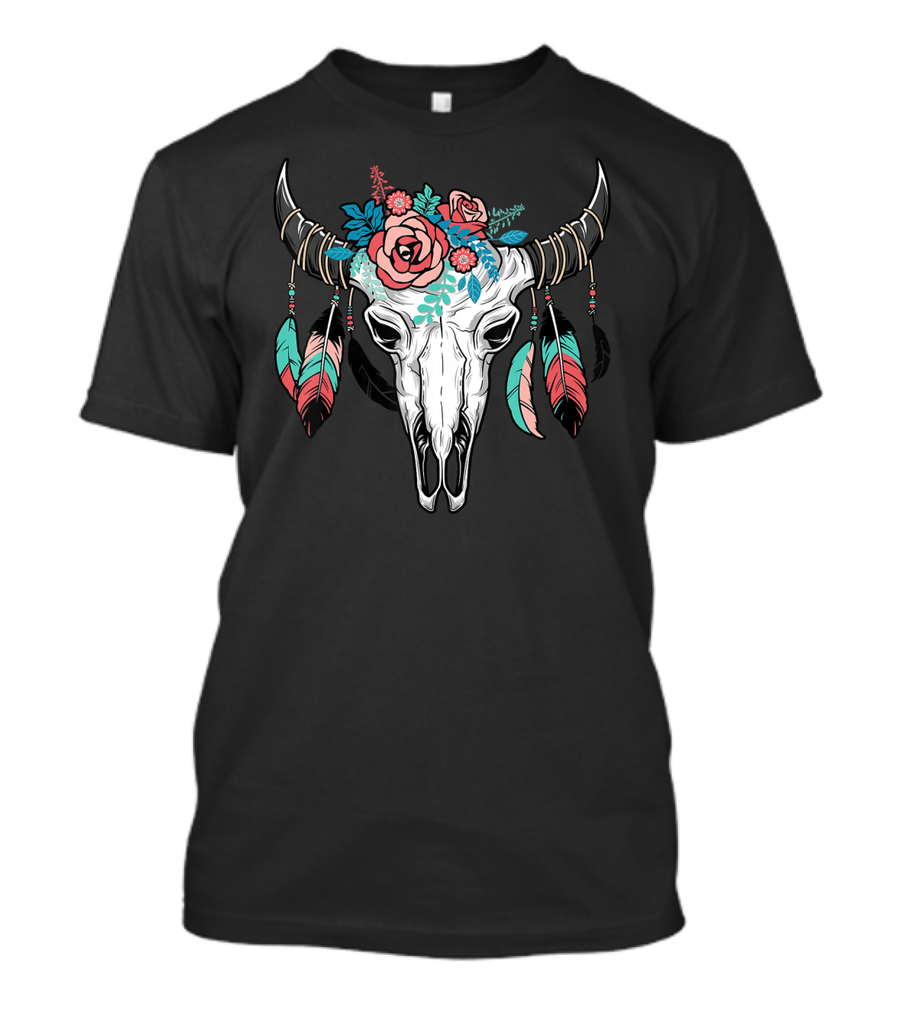 Vintage Cow Skull With Floral Crown And Colorful Feathers T-Shirt
