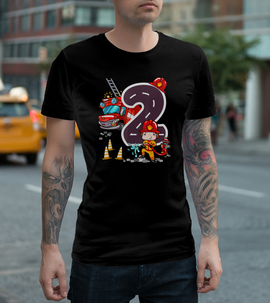 2 Year Old Birthday Firefighter with Fire Truck and Road Number Two T-Shirt
