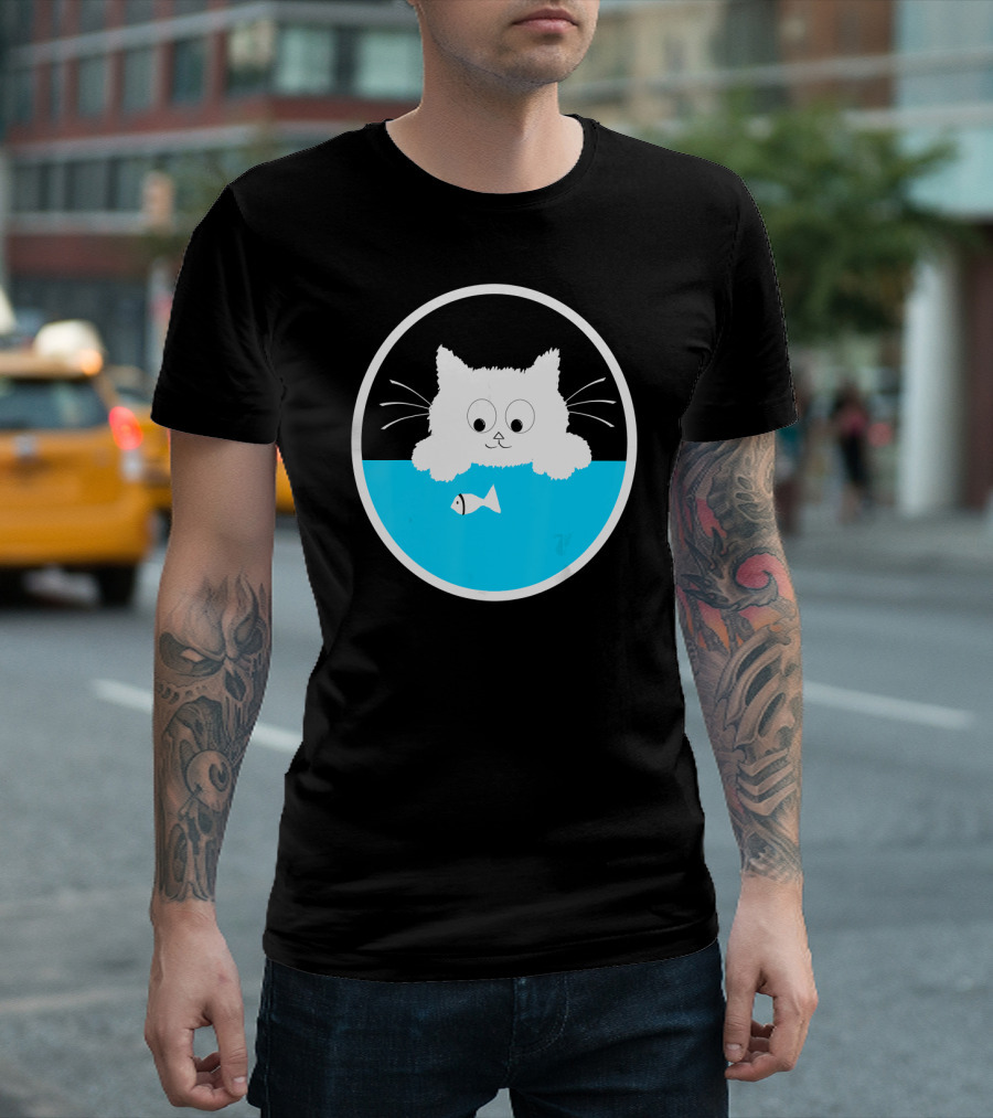 Cute Cat Staring At Fish Oval Design Birthday T-Shirt