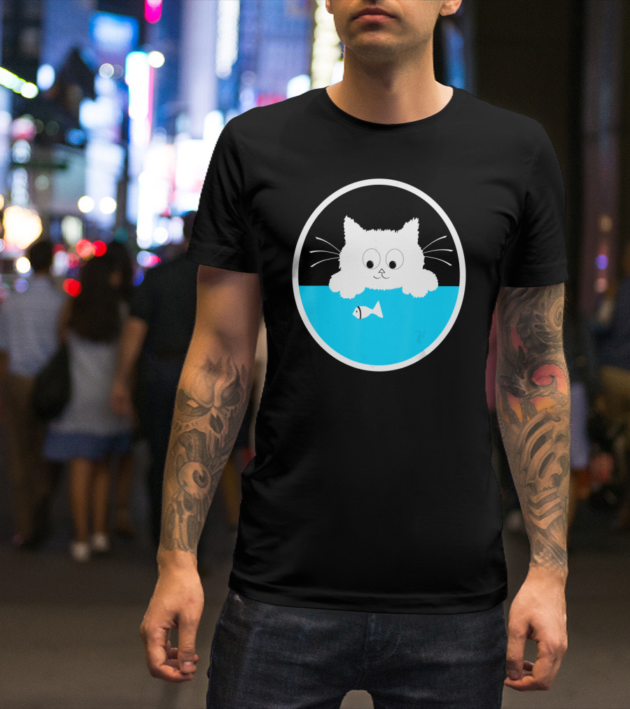 Cute Cat Staring At Fish Oval Design Birthday T-Shirt