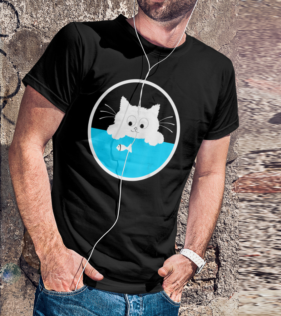 Cute Cat Staring At Fish Oval Design Birthday T-Shirt