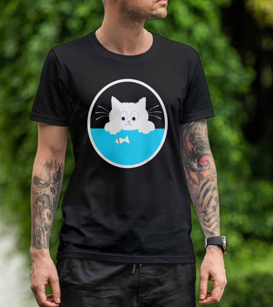 Cute Cat Staring At Fish Oval Design Birthday T-Shirt