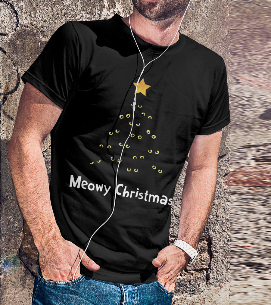 Meowy Christmas Cat Tree With Yellow Eyes And Star Topper T-Shirt