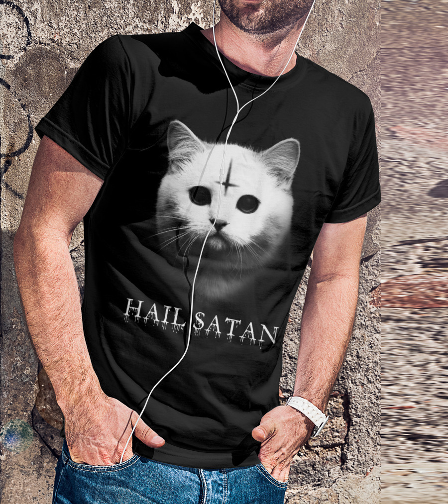 Hail Satan Cat With Inverted Cross T-Shirt