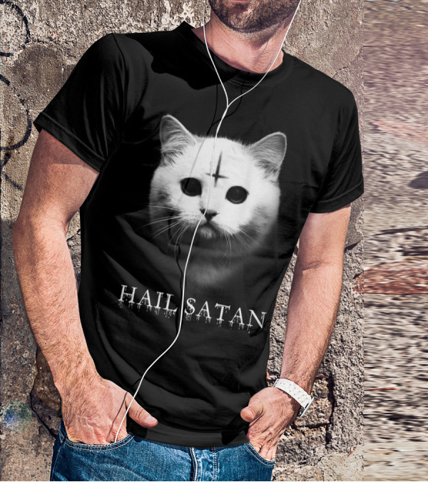 Hail Satan Cat With Inverted Cross T-Shirt