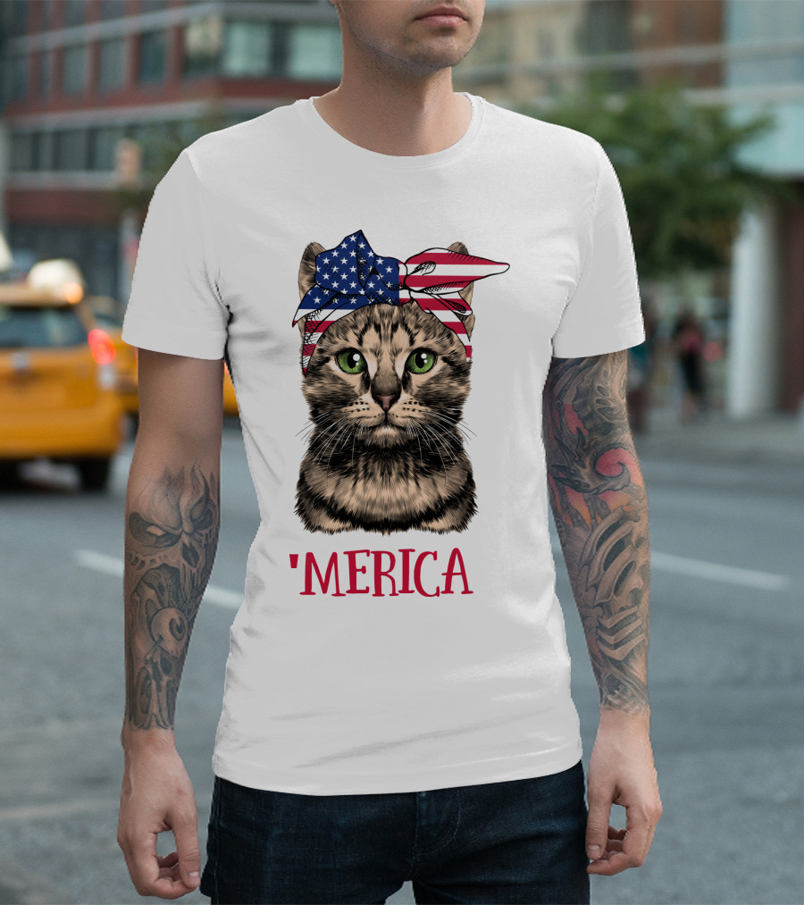 Merica Cat with American Flag Bandana T-Shirt