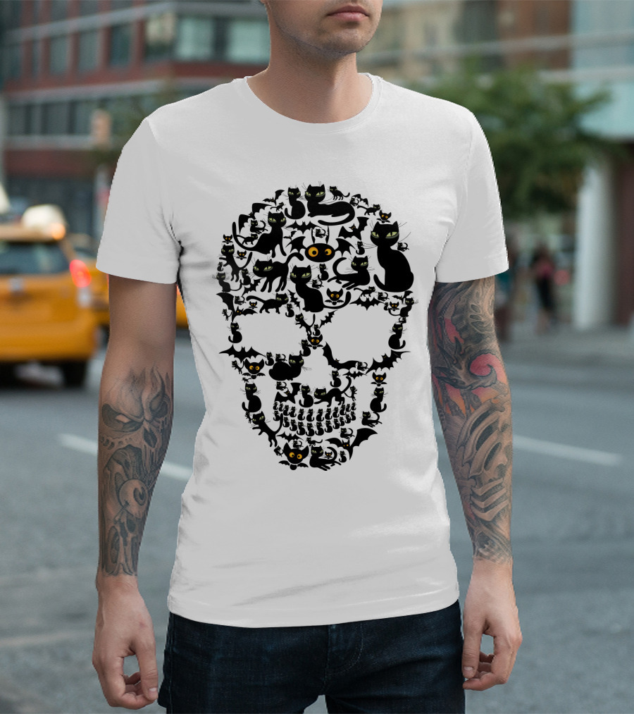 Cat Skull Halloween Black Cats and Bats T-Shirt
