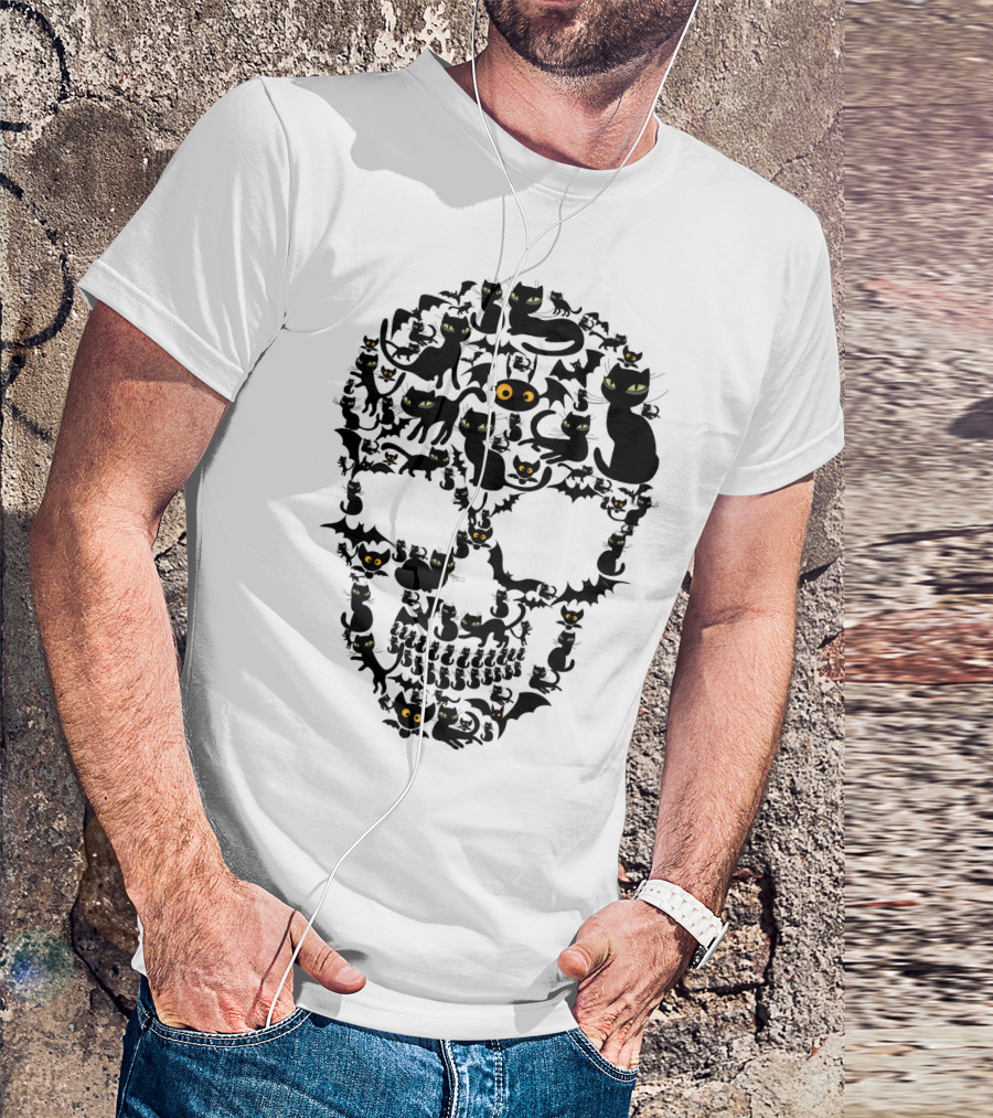 Cat Skull Halloween Black Cats And Bats T-Shirt
