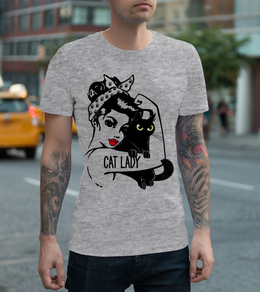 Cat Lady Retro Style with Black Cat and Polka Dot Bandana T-Shirt