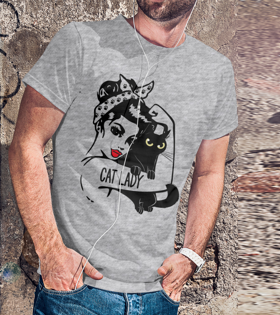 Cat Lady Retro Style With Black Cat And Polka Dot Bandana T-Shirt