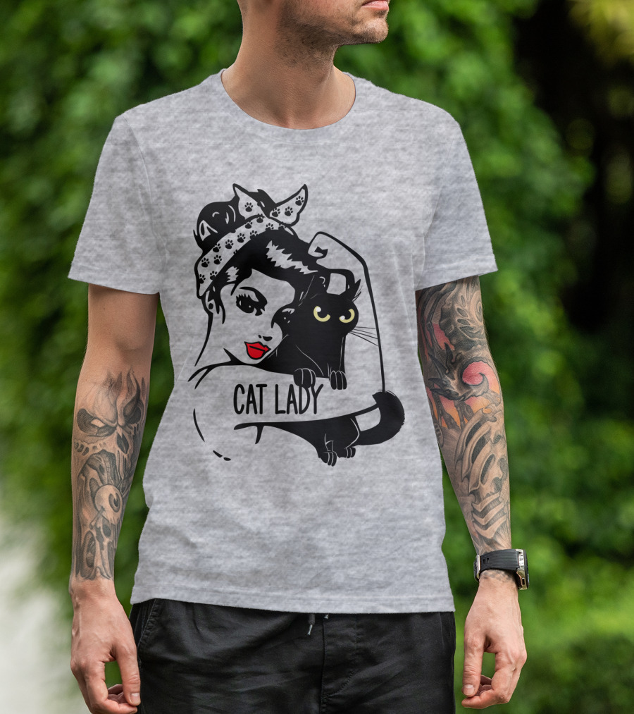 Cat Lady Retro Style With Black Cat And Polka Dot Bandana T-Shirt