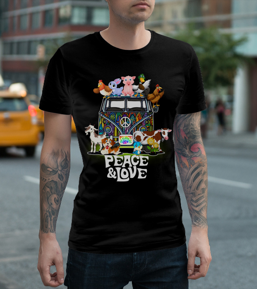 PEACE AND LOVE FARMER ANIMALS VAN WITH PEACE SIGN T-Shirt