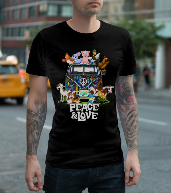 PEACE AND LOVE FARMER ANIMALS VAN WITH PEACE SIGN T-Shirt