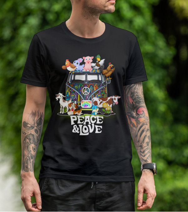 PEACE AND LOVE FARMER ANIMALS VAN WITH PEACE SIGN T-Shirt
