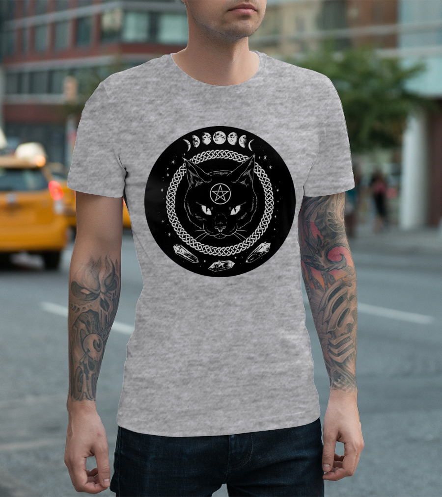 Cat Moon Magic Pentacle Phases Crystals Lunar Cycle T-Shirt