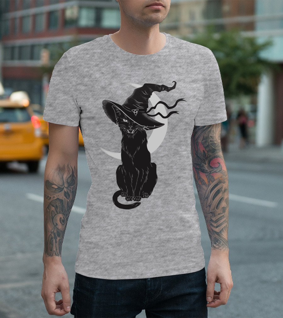 Cat Witch with Crescent Moon and Magic Hat T-Shirt
