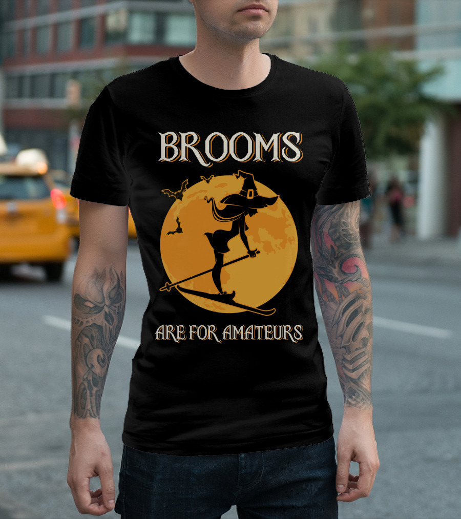 Brooms Are For Amateurs Witch Skiing Silhouette Halloween Moon T-Shirt