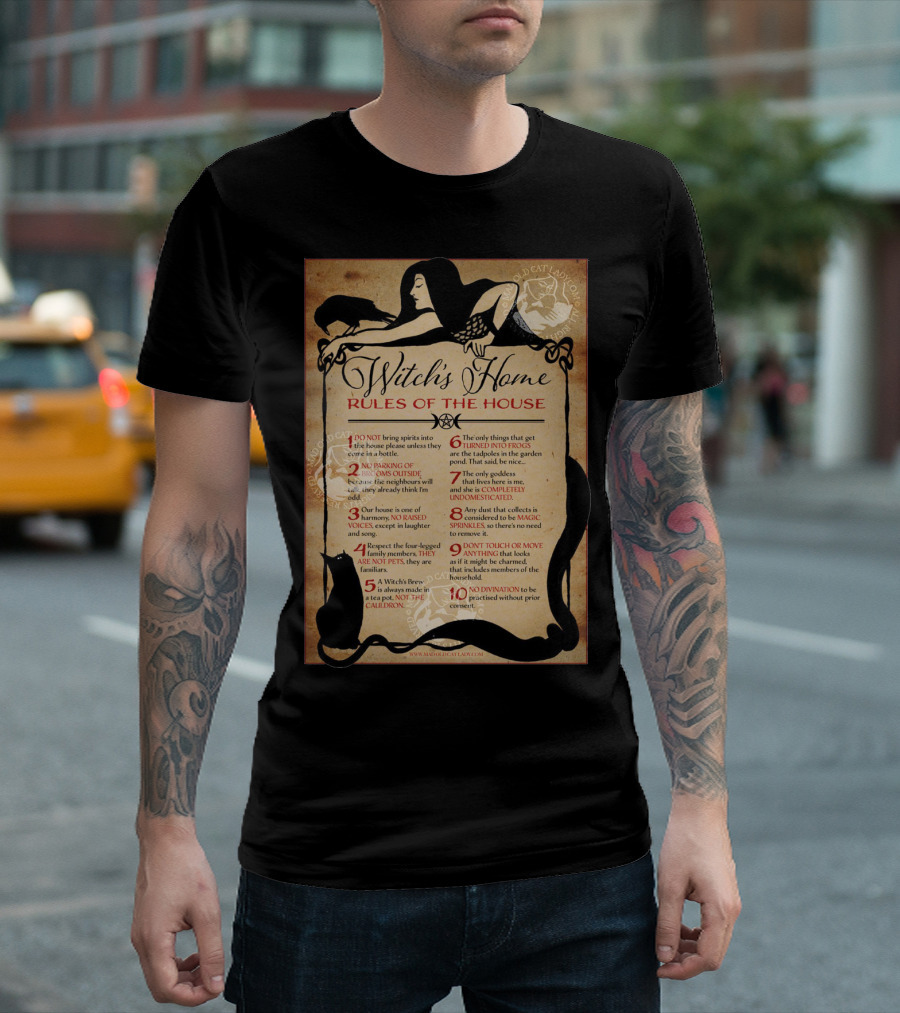 Witch's Home Rules Of The House Guide With Black Cat, Raven, Potion, Magic, and Enchanting Text Elements T-Shirt