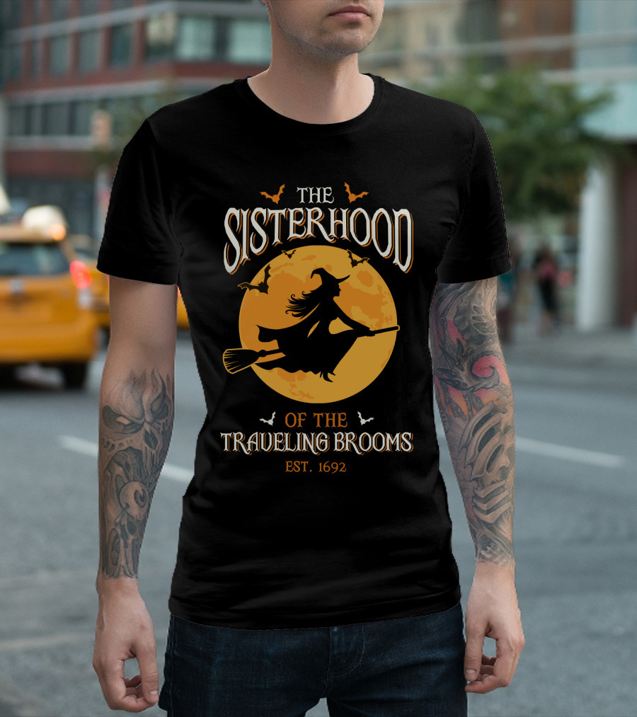 The Sisterhood of the Traveling Brooms EST 1692 Halloween Witch and Full Moon T-Shirt