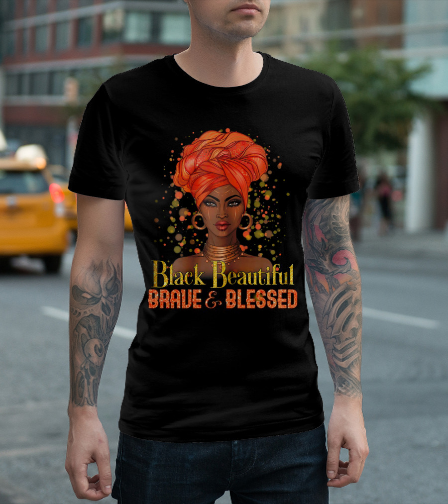 Black Beautiful Brave And Blessed African Woman With Orange Headwrap T-Shirt